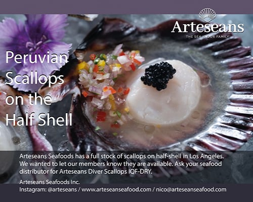Arteseans: Peruvian Scallops on the half Shelf.