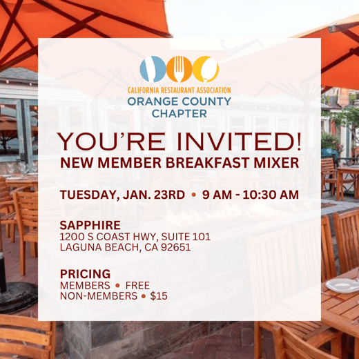 You're invited: New Member Breakfast Mixer. Tuesday, Jan. 23rd. 9 AM - 10:30 AM. Sapphire. Members are free to attend. Non-members cost $15.